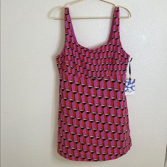 NWT-Diane Von Furstenberg Pink and Red Geometric Dress- Size 14 - Picture 1 of 7